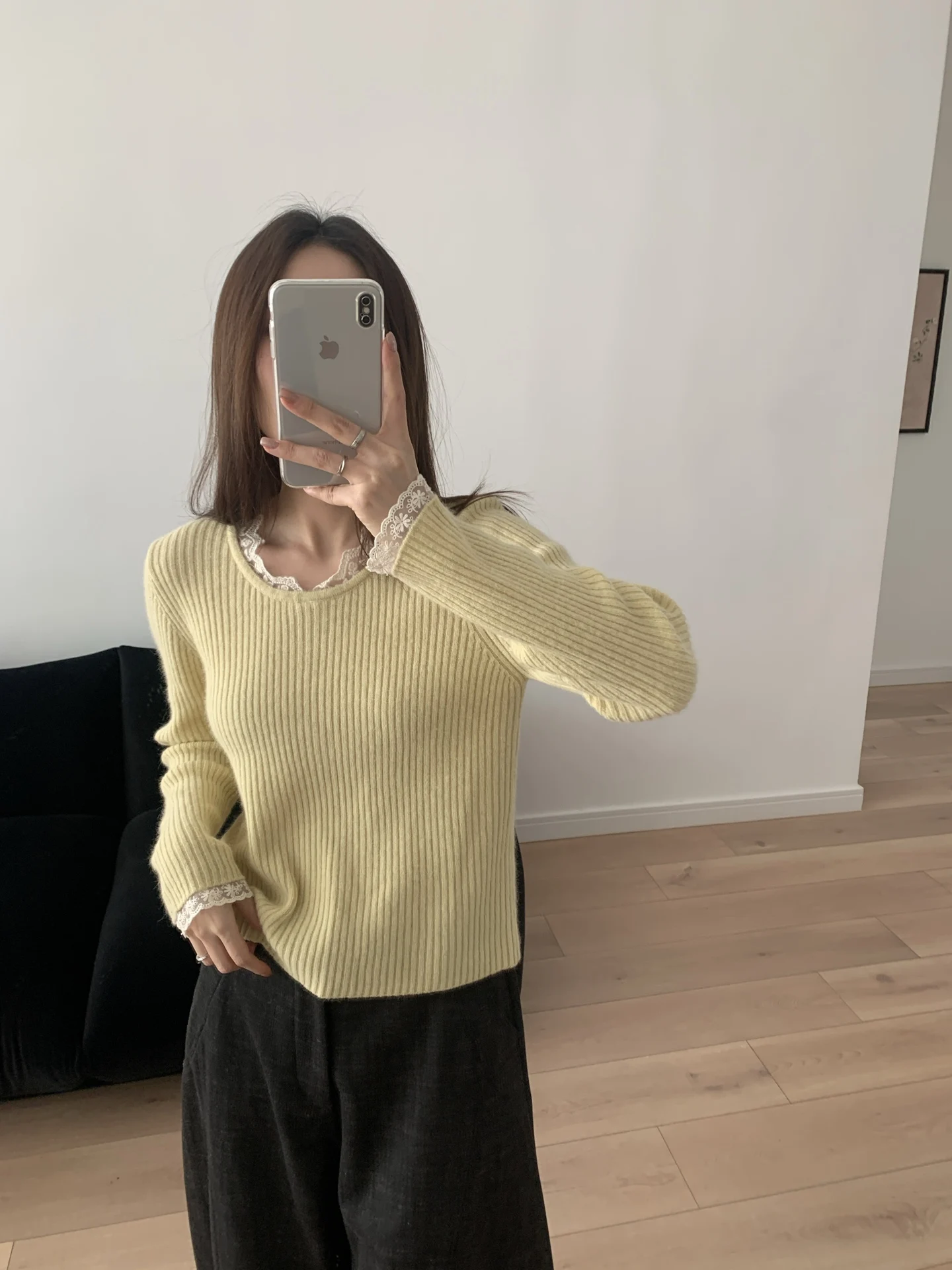 

Autumn Winter Lace Splicing Slim Fit Honey Bear Velvet Knitted Sweater round Ne Long Sve Casual Commute Sle Women's Top
