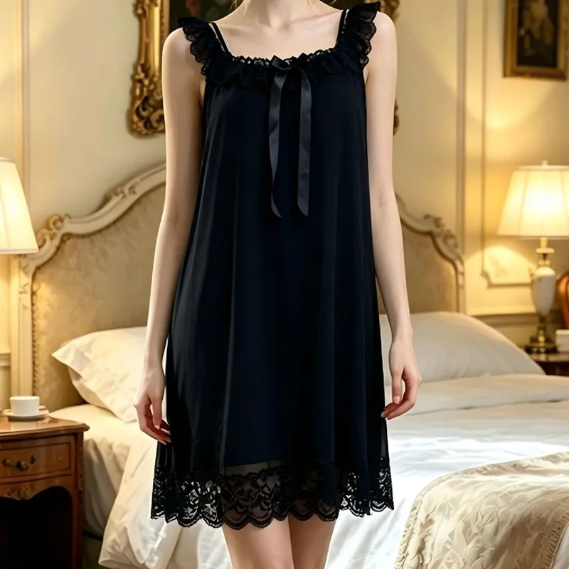 Women Sleeping Gown Sleeveless Ruffles Mesh Modal V-Neck Dress Summer Lace French Vintage Princess Sleepwear Home Wear view 3
