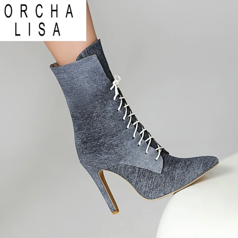 

ORCHA LISA Модные женские блестящие ботильоны с острым носком, ультравысокие каблуки 11 см, большой размер 46 47 48 Sexy Bota