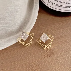 Multi-layer Overlap Rhombus Shape Stud Earrings for Women Hollow Out Metal Golden Color Geometry Earrings Party Crystal Jewelry