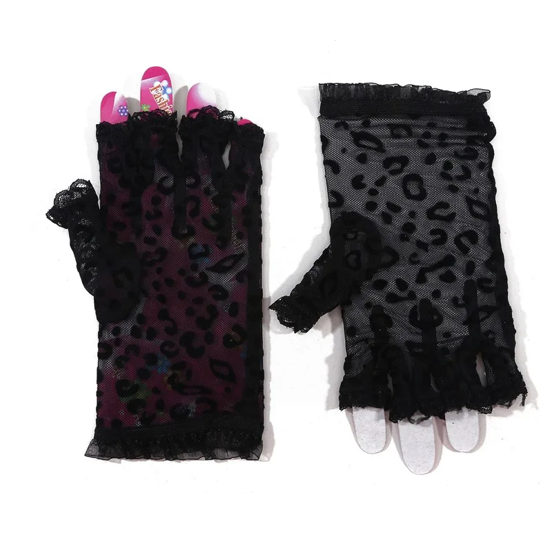 Gants en maille à motif léopard pour femmes, mitaines de conduite en dentelle courte translucide, taille de conduite mignonne respirante, mode féminine