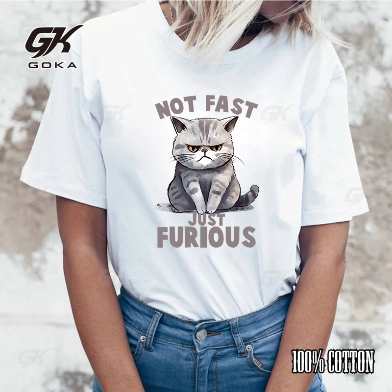 Women'S Fashion Printed Not Fast Just Furious Cat Print T-Shirts Summer Casual Loose Round Neck Creative Personalized T-Shirts