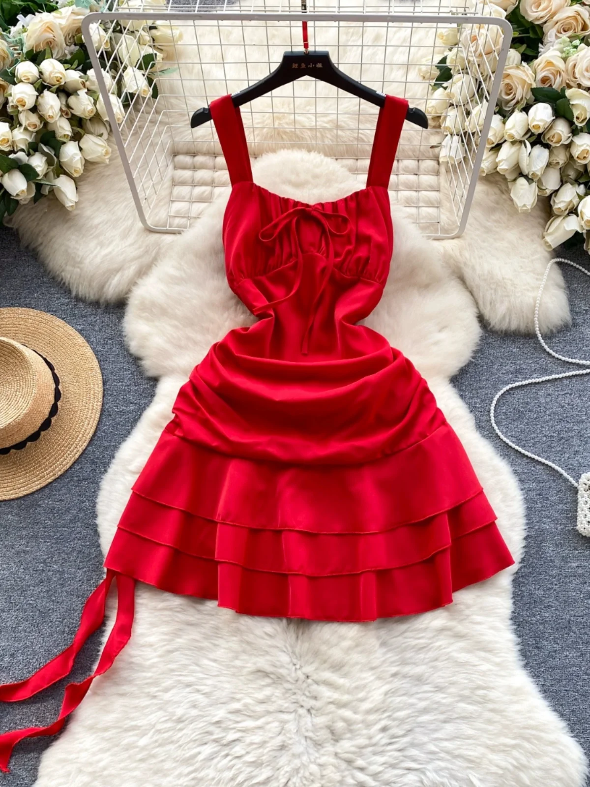 Foamlina Sexy Red Slip Dress Women Fashion Summer Spaghetti Strap Sleeveless High Waist Multi-layered Ruffles Mini Party Dress