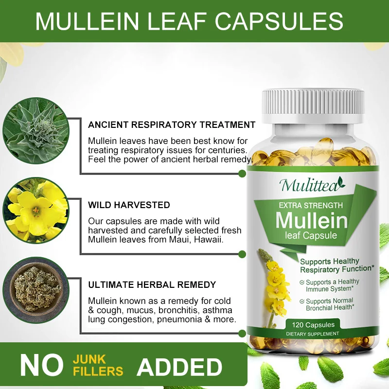 Mulittea Natural Mullein Leaf Capsules Clear Lungs Detoxify Respiratory Health Headache Cough Relief Pain Detoxification