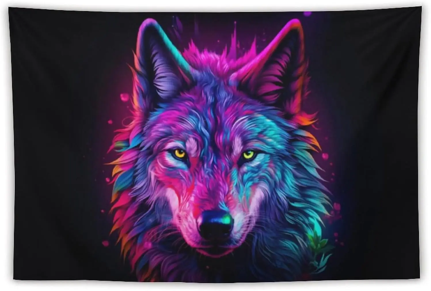 Psychedelic Colorful Wolf Tapestry, Neon Purple Blue Black Background Wall Hanging, Mystic Animal Decor for Bedroom Living Room