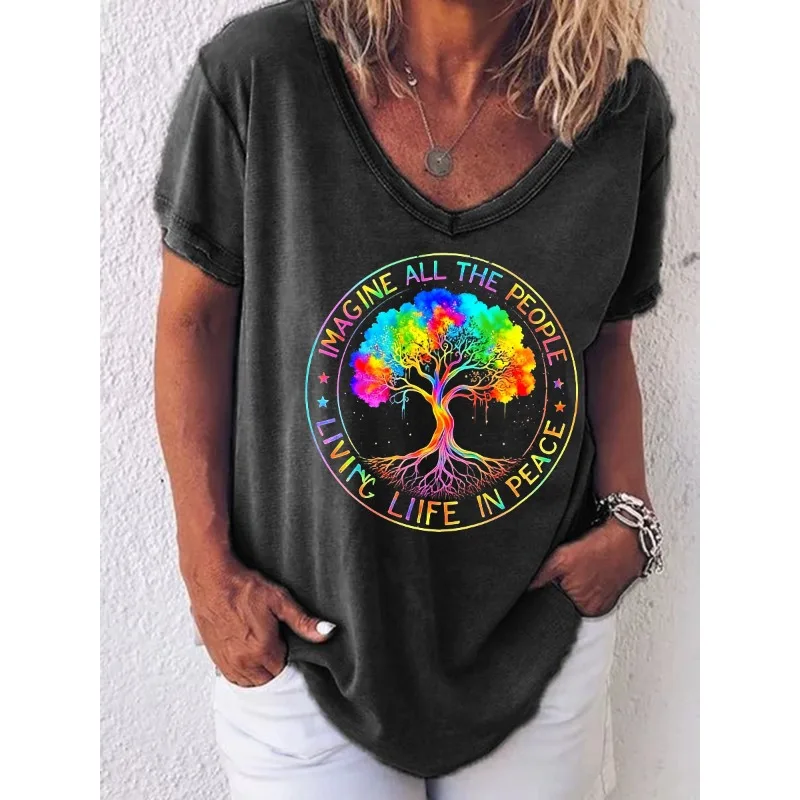 ilstile Women's Hippie Life Tree Print T-Shirts Summer Holiday Short Sleeve T Shirt Casual Loose V Neck Tops Tees NEW
