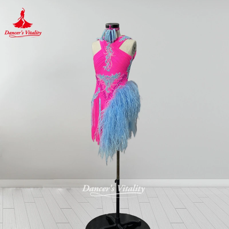 Adult&Teenagers Rose Color Latin Feather Style Dress Women Chacha Salsa Competition&Perform Clothing Customize Dancer's Vitality