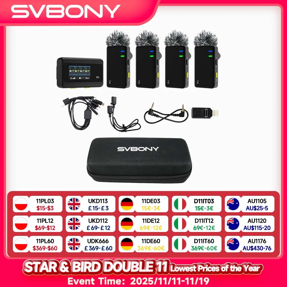 

SVBONY SVMic D4 Wireless Microphone System DSP Noise Reduction with Screen Display Safe Track for Multi-Person Recording