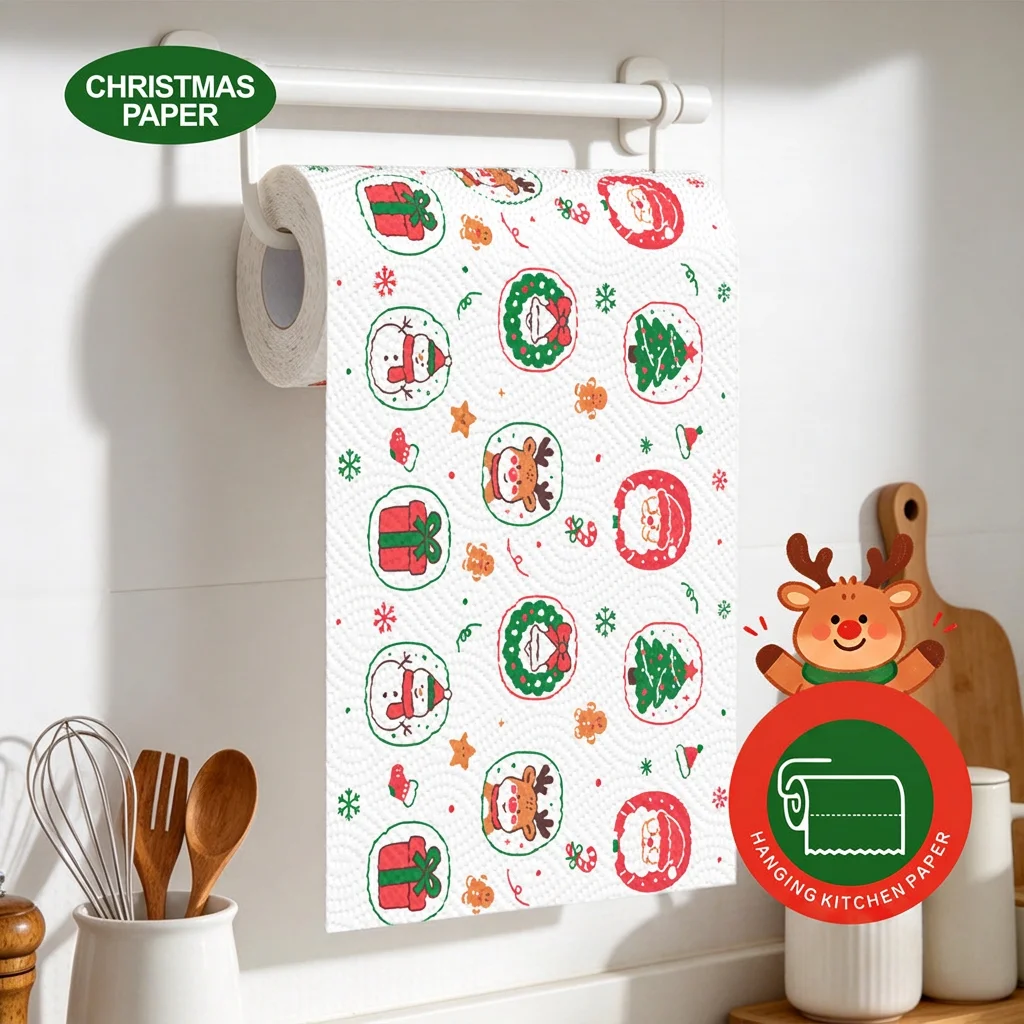 Christmas Printed Disposable Kitchen Towel Roll Absorbent Cleaning Paper Santa Reindeer Pattern Xmas Kitchen Home Decor