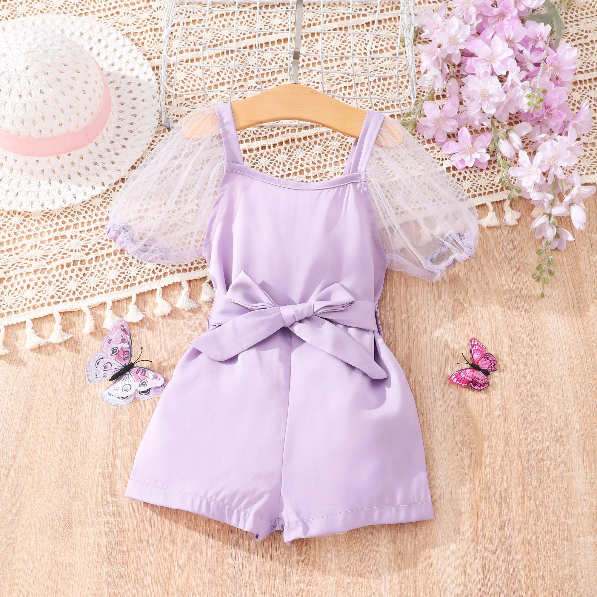 

Summer Casual Solid Color Jumpsuit Girls' Mesh Short Sleeved Solid Color with Belt Jumpsuit Cotton Comfortable Kids Clothing