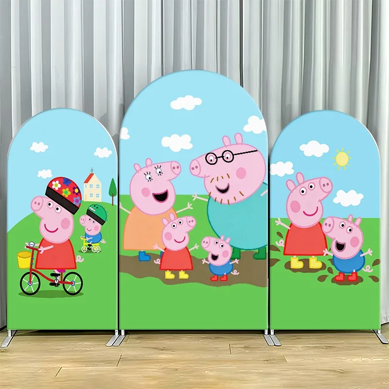 2D Flat Arch Backdrop Cover Single Layer Non-Stretch Fabric Peppa Pig Family Theme Party Set with Design and Colorful Characters