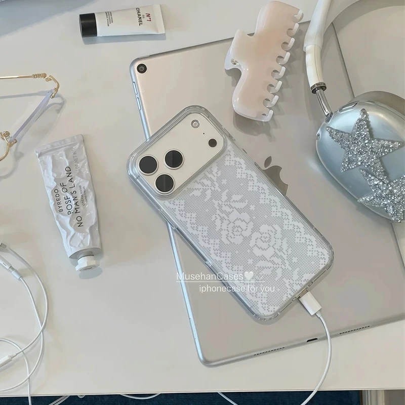 Capa de Celular Exquisita com Renda e Rosas Estilo Retrô Arte Antiga para iPhone 17 AIR 16 15 14 13 12 11 Pro XSMAX MINI XR 7 8 Plus Y2K
