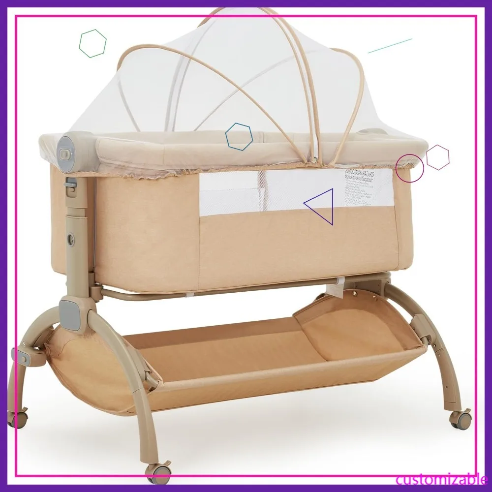 

Регулируемая прикроватная люлька-кроватка 3-в-1 для новорожденных (0-6 месяцев) с москитной сеткой, корзиной для хранения и колесиками