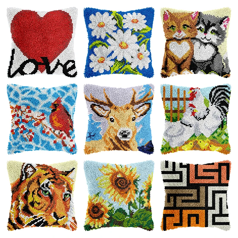 DIY Yarn Pillow Needlework Latch Hook Kits Unfinished Crocheting Rug Yarn Canvas Cushion Cover Embroidery Carpet Crochet Set