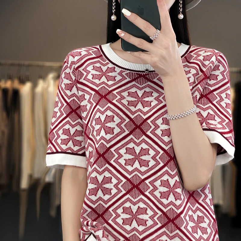 Summer New Cotton T-Shirt Female Loose Round Neck Color Matching Short Sleeve Joker Slim Knitted Cotton And Linen Half Sleeve