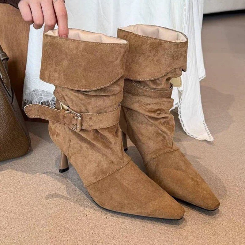 

Elegant High Heels Women Boots Sexy Pointed Toe Shoes Woman Winter 2025 Fashion Dress Chelsea Boots Suede Pumps Mujer Snow Botas