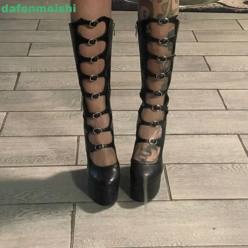 2024 New Hollow Mid-Calf Boots Platform Zipper Square Heel Buckle Strap Women Pole Dance Shoes Fashion Round Toe Sexy Boots