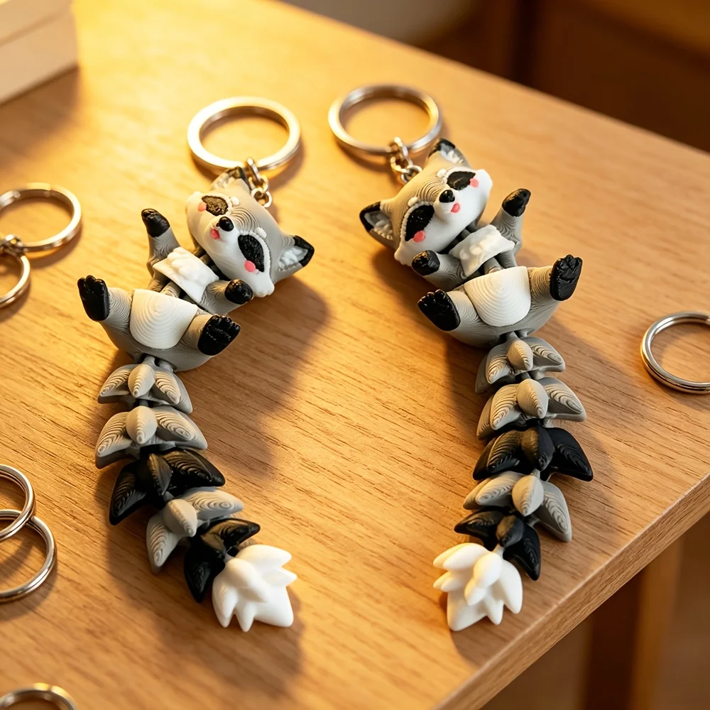 Cute 3D printed raccoon keychain, durable PLA, fantasy movable backpack pendant. Perfect for keys, desk, phone, car.