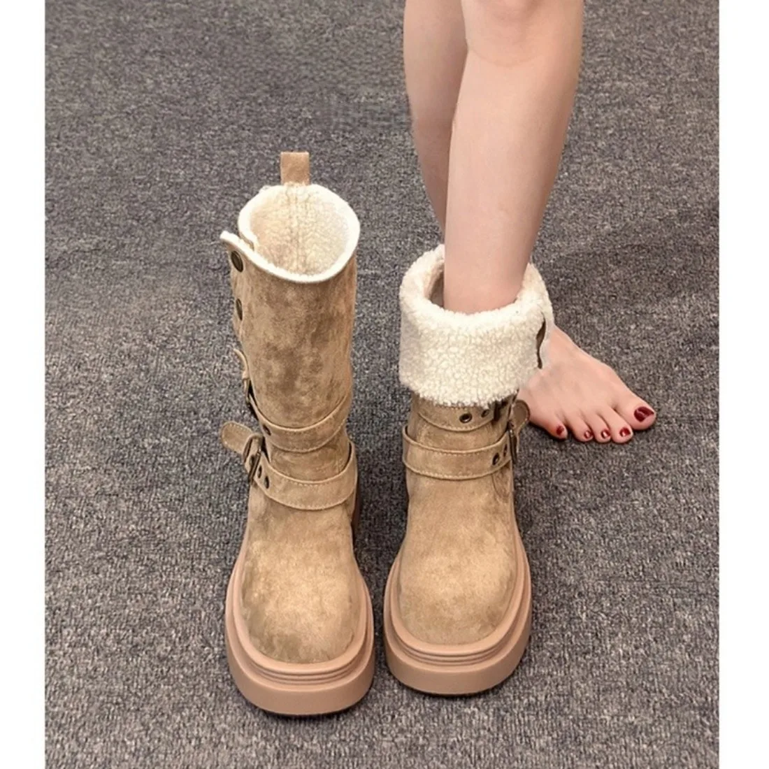 

2026 Меховые зимние ботинки, уличная удобная теплая обувь, женская короткая обувь с пряжкой на ремне, зимняя женская обувь на платформе с толстой подошвой