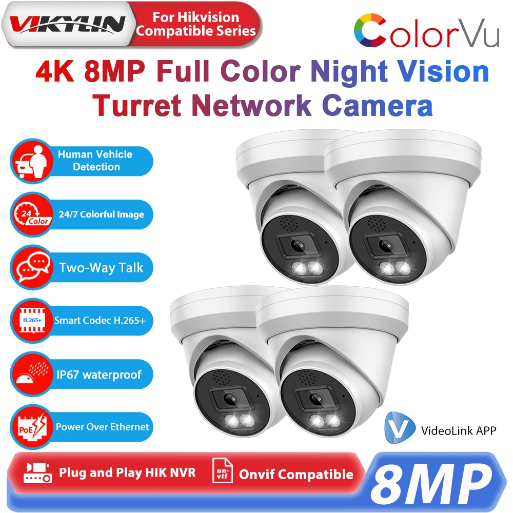 Vikylin 4K 8MP ColorVu IP Camera For Hikvision Compatible Onvif Human Vehicle Detection Two Way Audio CCTV POE Security Camera