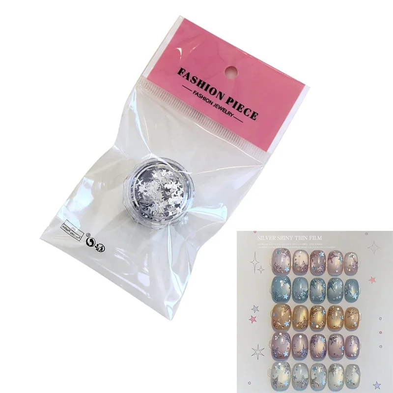ชุดตกแต่งเล็บ 1 กระปุก ประกายเงินวิบวับ รูปทรงผสมผสาน ลายดาว รูปหัวใจ ดาวเล็ก แผ่นตกแต่งเล็บ ลายเพลท ประกายวิบวับ สติ๊กเกอร์ตกแต่งเล็บ