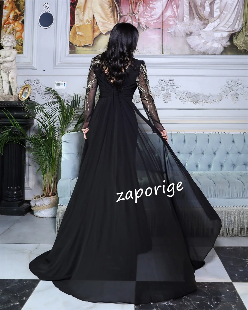 Customized High Quality Chiffon Pattern Sequined Beading A-line O-Neck Long Dresses Bespoke Occasion  Exquisite