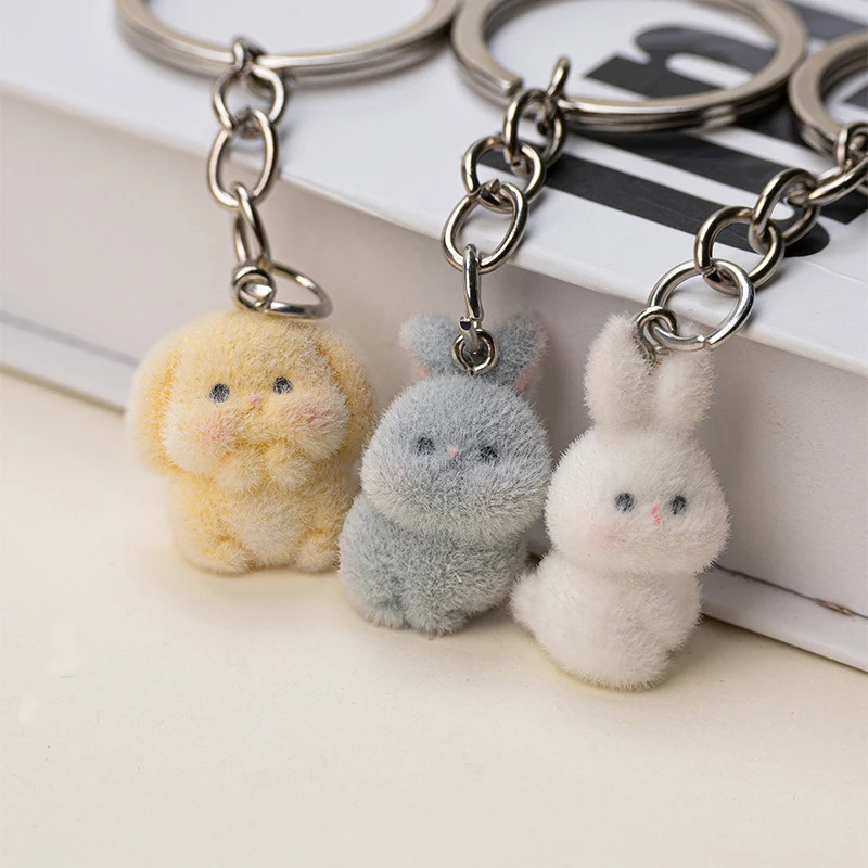 Cute Flocking Bunny Bag Charms Pendant Keychain 3D Animal Phone Headphone Case Decoration Car Keyring Jewelry Gift