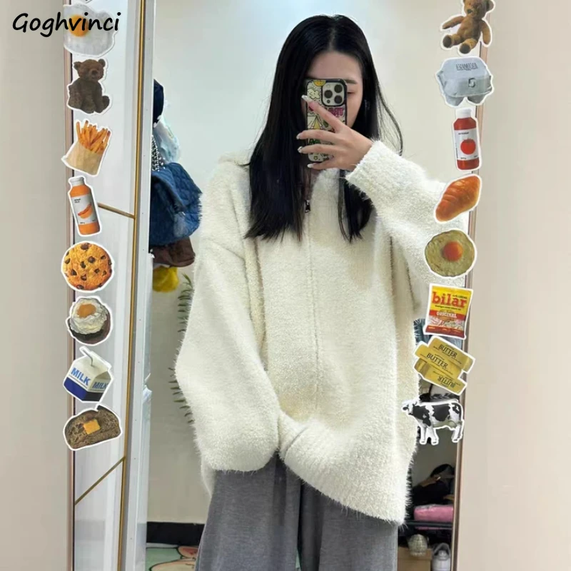 

Cardigan Women Simple Trendy Classic Popular Lazy Style Loose Fit Outwear Furry Design Hooded Zipper All-match Daily Autumn Y2k