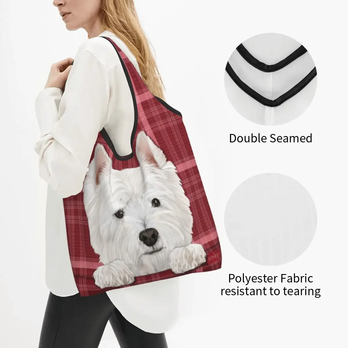 West Highland White Terrier Dog Grocery Shopping Bag Funny Shopper Shoulder Tote Bags Large Capacity Portable Westie Handbag