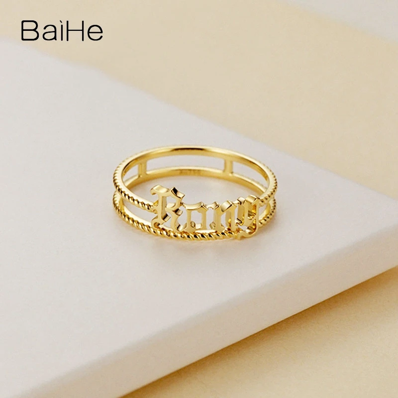 BAIHE 18K Gold Plain Ring Female Personality DIY Custom Lettering Design Women MEN Trendy Wedding Fine Jewelry Making Prsten