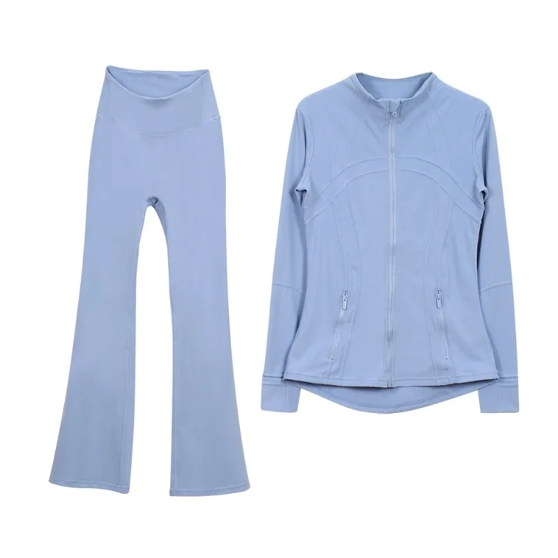 Conjunto de entrenamiento para mujer, conjuntos de Yoga, chaquetas con etiqueta dorada, mallas, pantalones acampanados, abrigo deportivo de cintura alta con cremallera, ropa deportiva elástica, 2026
