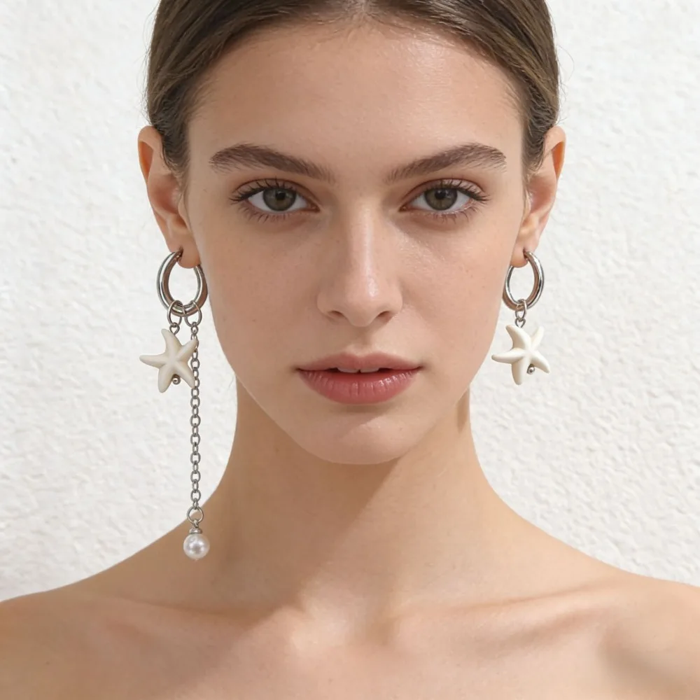 Summer Beach White Starfish Pendant Earrings for Women Fashion Creative Ocean Vacation Wind Star Earrings Jewelry Accessories