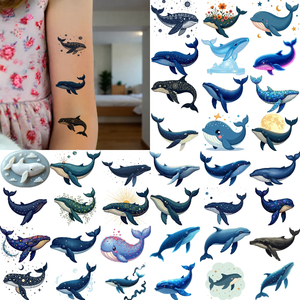 

63 шт., временные татуировки, наклейки с китом, водонепроницаемые долговечные наклейки для тела, космонавт, кит, мультфильм для щек, рук, девочек