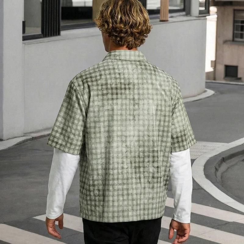 QICHE 2026 New Men Vintage Streetwear Fake Two Piece Cropped Plaid Shirt, Loose Fit Long Sleeve Casual Blouse