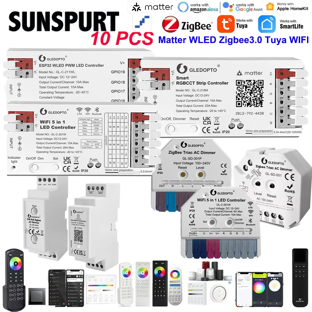 

1-10 шт. Matter Tuya WiFi RGBCW DIM CCT 5in1 Zigbee Triac AC Вкл.-Выкл. Приложение Голос для бытовой электроприборов Smart Life