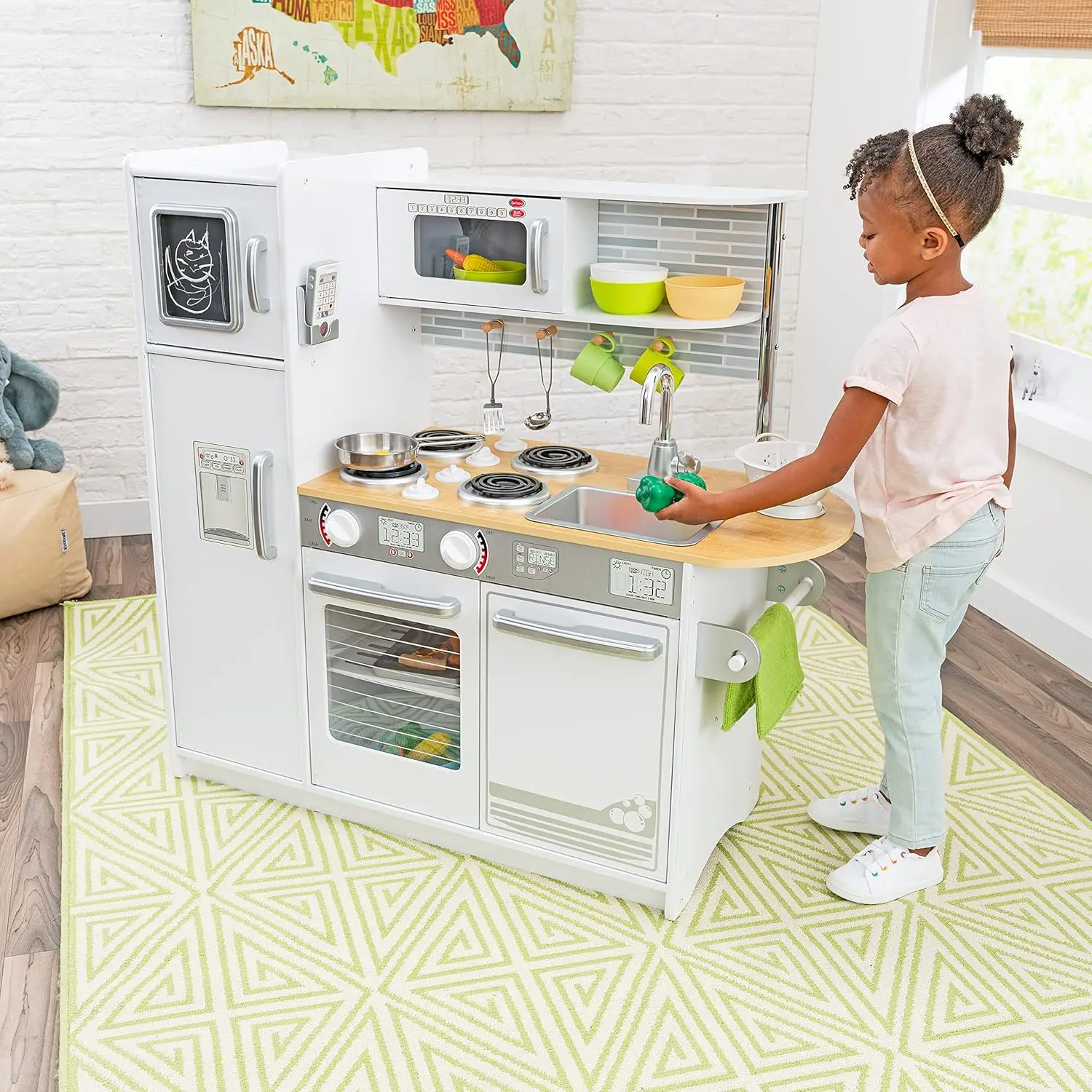 Uptown White Wooden Play Kitchen with Play Phone, Chalkboard & Towel Rack, Gift for Ages 3+