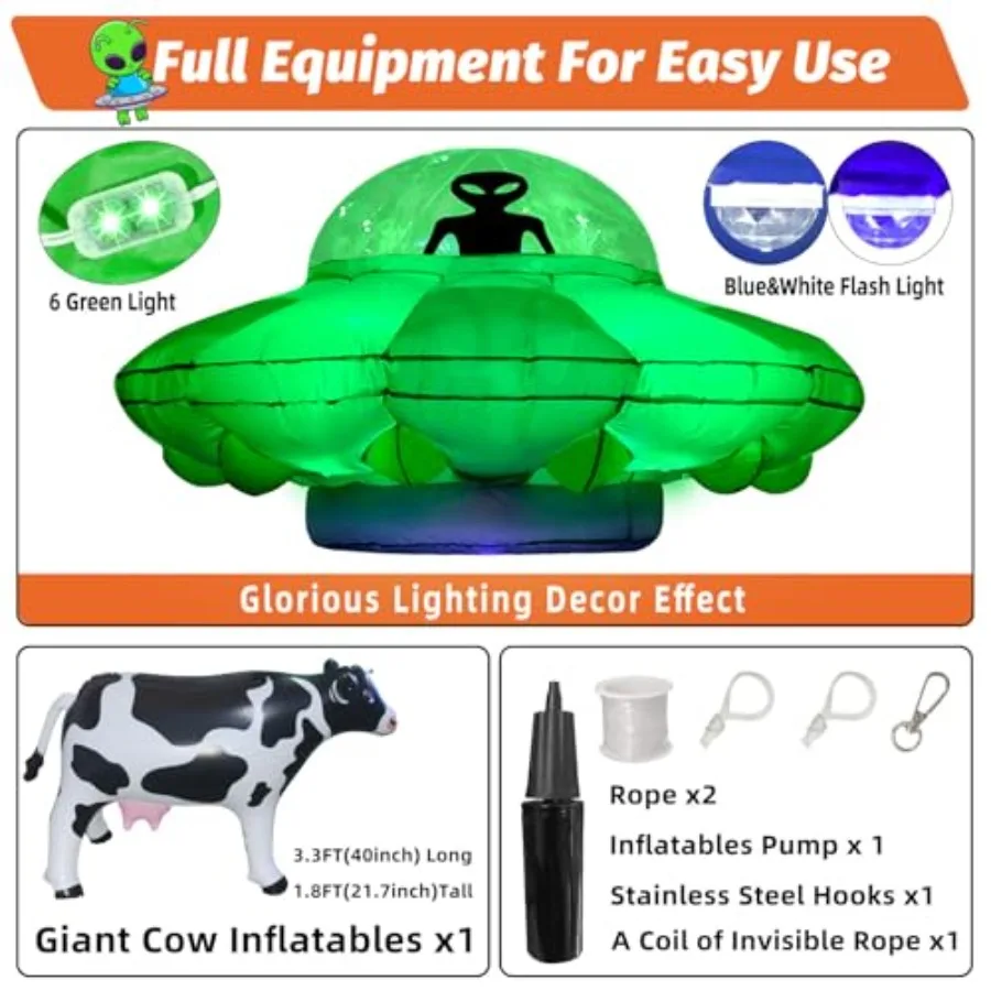 Alien Party Decorations 4.2FT Hanging UFO Cow Abduction Inflatable Alien Inflatable UFO Halloween Blow Up Built-in Green LED Bl