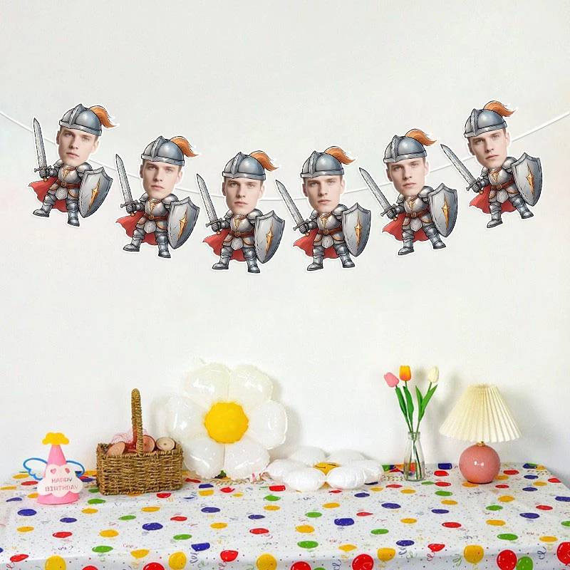 6/12pcs Custom Knight Photo Banner Personalized Medieval Warrior Themed Banner Boy Birthday Party Decoration Custom Face Garland