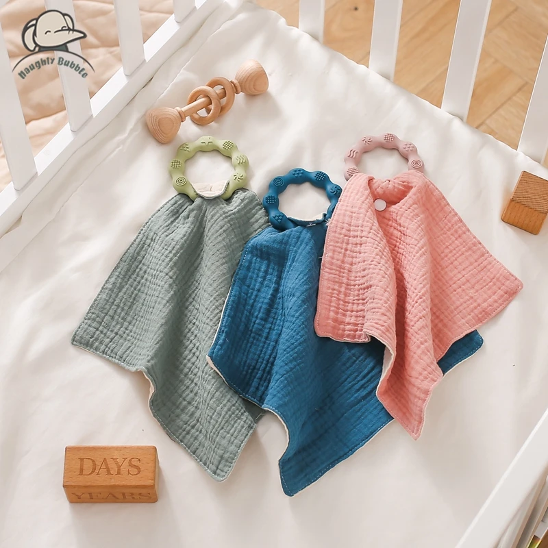 Cotton Baby Comforter Burp Cloth Teether Muslin Square Towel Baby Blankets Newborn Soothe Appease Towel Baby Stuff Snap Button