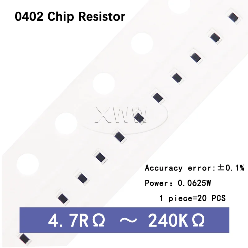 20Pcs 0402 SMD Thin Film Resistor 0.1% High Precision Low Temperature Drift TCR High Accuracy Chip Resistors 1R 2.2R 10R 1K 10K