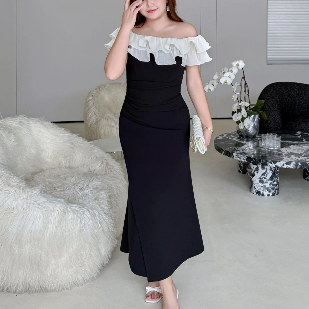 

Платье-русалка XXXXL Fashion Plus Size для женщин, премиум-класса, с открытыми плечами, со складками на талии, с эффектом «рыбий хвост», весна-лето 9516