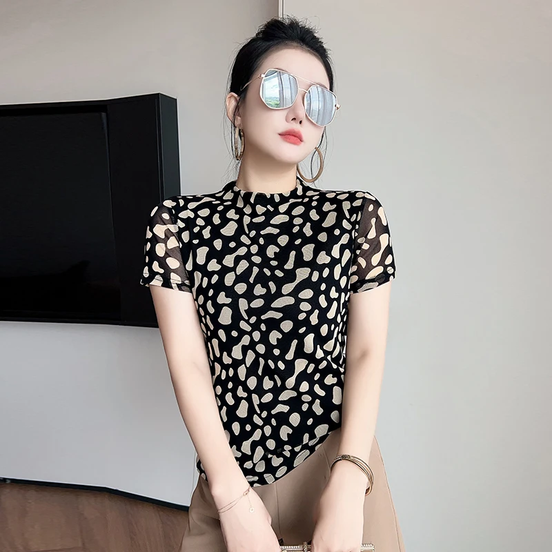 European Clothing New Ladies T-Shirt Designer Short Sleeve Summer Women's Top Vintage Geometric Print Slim Elastic Mesh Tees