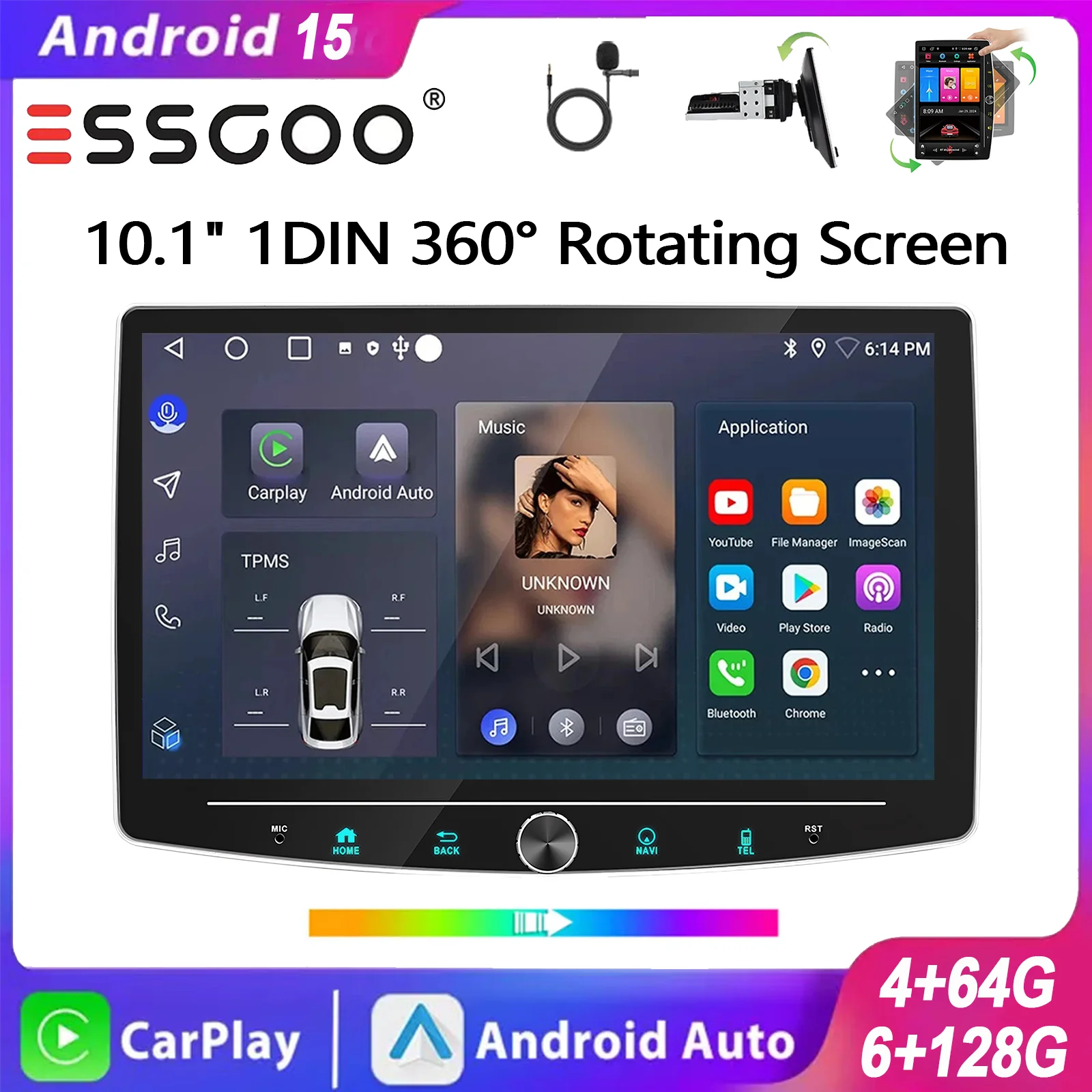 ESSGOO Android 15 10.1" 4+64G/6+128G 1DIN 360° Drehbarer Touchscreen Wireless Carplay Android Auto Universal Autoradio GPS NAV Bluetooth Lenkradsteuerung Mirror Link RDS WIFI mit Mikrofon