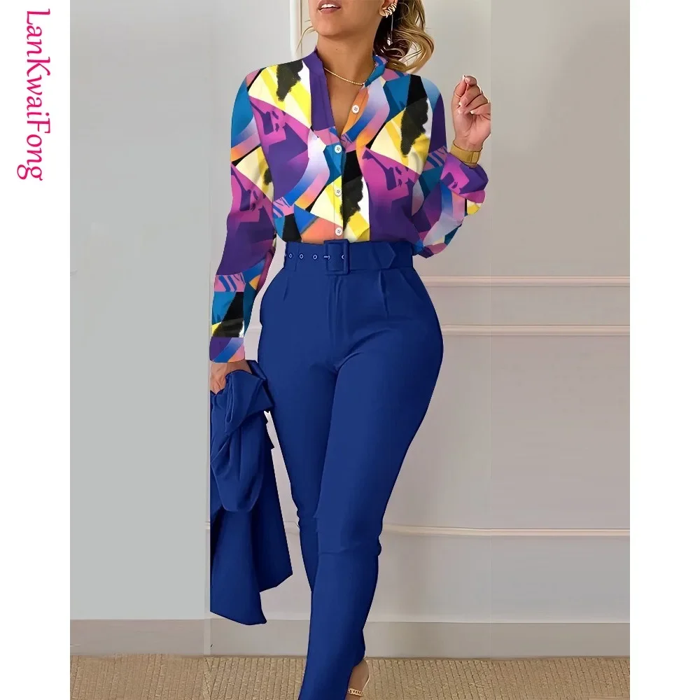 

2024 Casual Printed Women's Top+pants Set, Long Sleeved Button Up Shirt, Solid Color Straight Leg Cropped Pants Two-piece Set