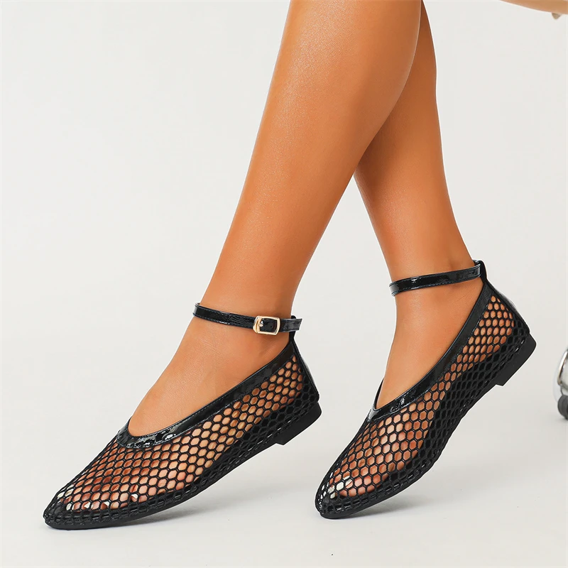 Air Mesh Hollow-intagliato Design scarpe basse da donna cinturino con fibbia alla caviglia scarpe da donna di moda fatte a mano punta tonda Zapatos