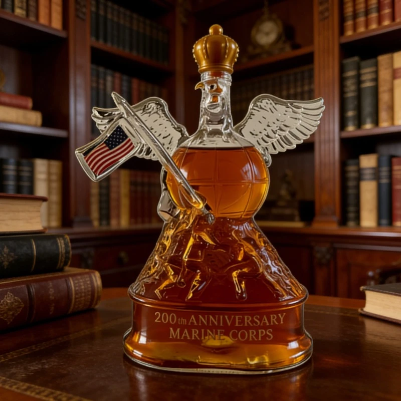 Decantador de Whisky con Diseño de Águila, Globo y Ancla del Cuerpo de Marines, 200.º Aniversario - Botella de Licor de Vidrio Premium para Bebidas Espirituosas y Coleccionables