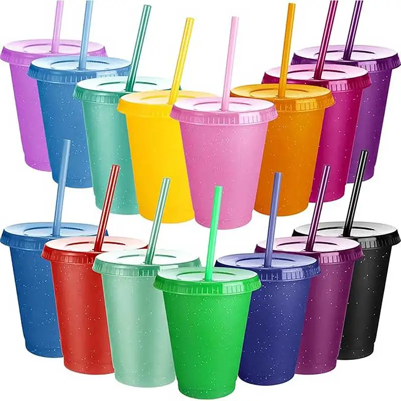 500ml PP Neuer Farbwechsel-Becher Kreativer Glitzer-Plastik-Strohhalmbecher Sommer Großvolumiger Getränke- und Wasserbecher