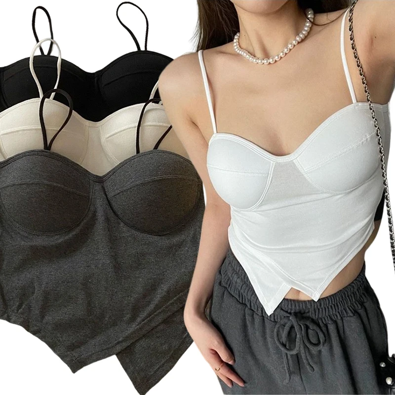 

Women Seamless Crop Top Underwear Wire-Free Asymmetric Camisole Thin Straps Striped Solid Bralette Lingerie One-Piece Tube Tops