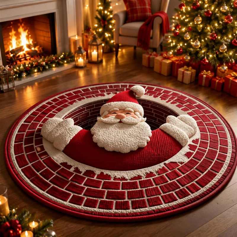 2D Vortex Optical Illusion Round Rug Christmas Skeleton Santa Print Floor Mat Xmas Spooky Holiday Home Decor Carpet