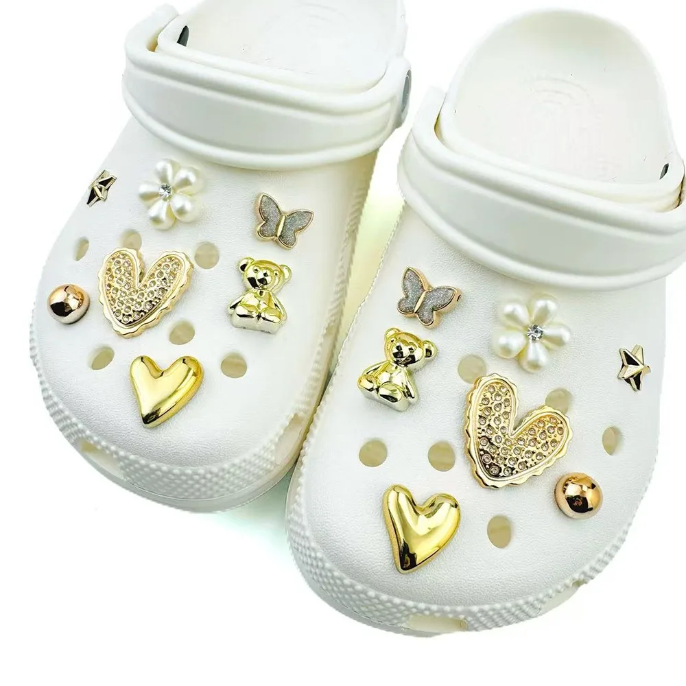 14PCS Summer Fashion Shoe Charms Set Accessories for Clogs Shoe Buckle Golden Bear Rivet Butterfly Flower DIY Shoes Decorations